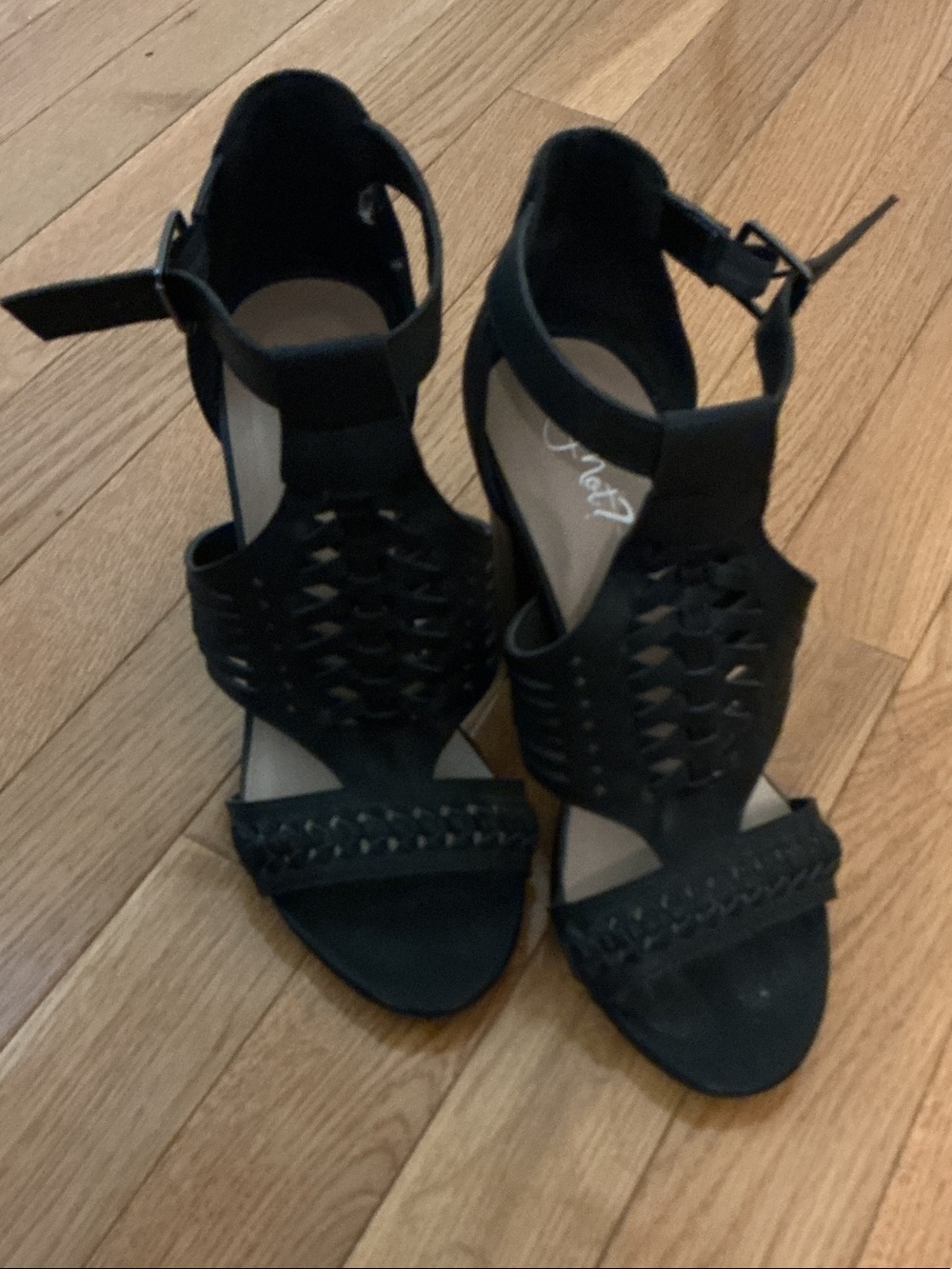 Women's Black Woven Ankle-Strap Heels